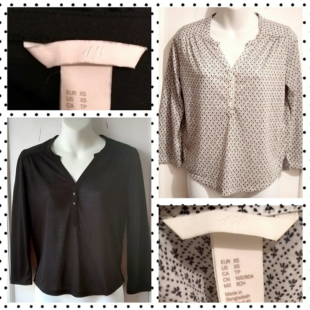 Lot 2/$10 H&M Henley Tops 1 Blk/1 B&W Print Sz XS